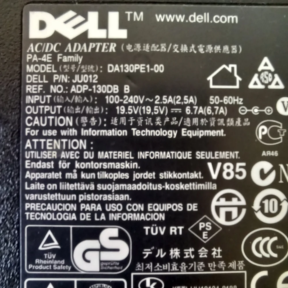 Dell AC/DC Laptop Adapter 19.5V & Power Cord Black Model DA130PE1-00
